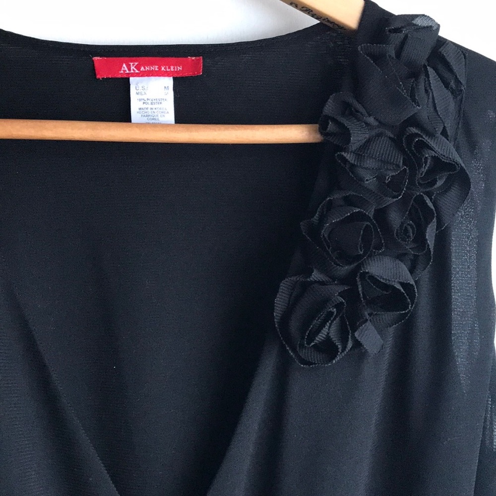 Anne Klein Black Faux Wrap Blouse Flower Appliqué